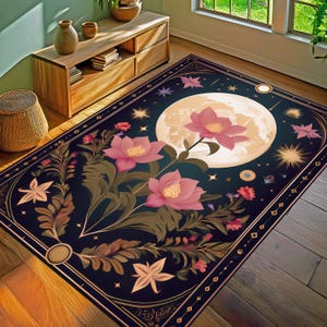 Alfombra floral de luna, alfombra de tarot con flores y luna, alfombra de cielo nocturno, alfombra floral de luna llena, decoración mágica y estética astrológica celestial.