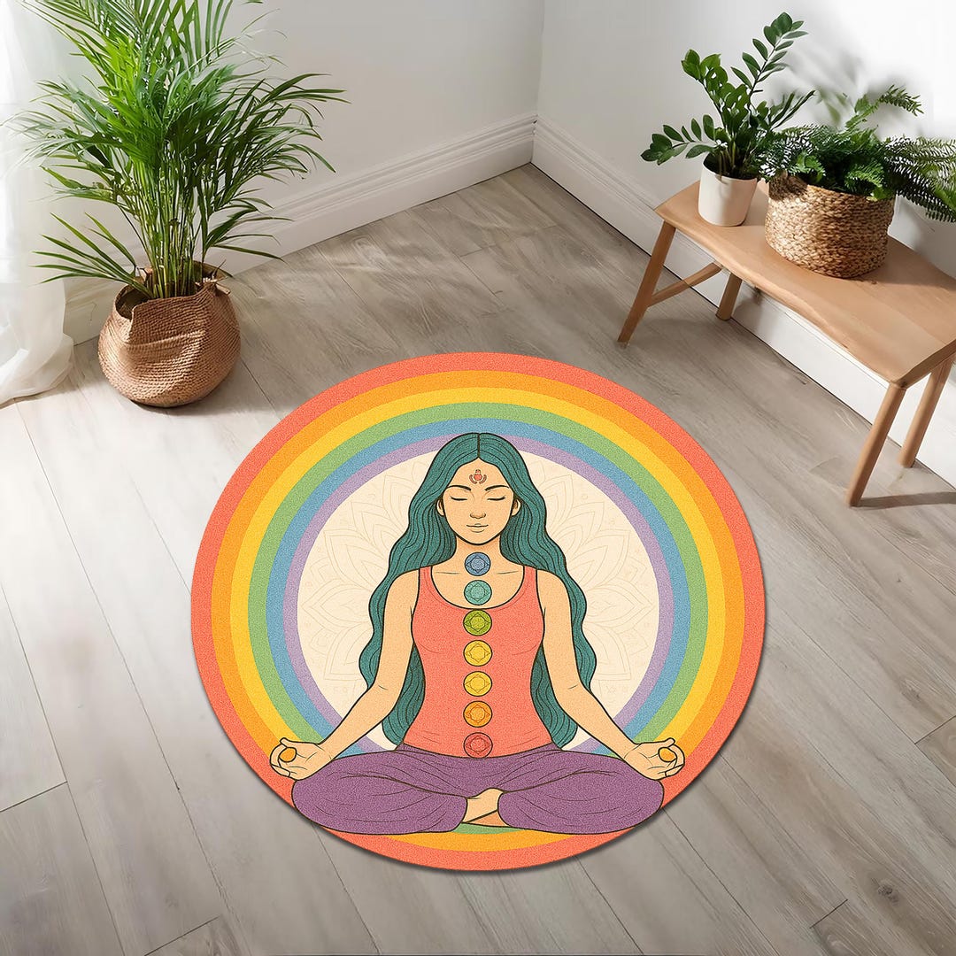 Calm Body Rug Colorful Rainbow Chakra Meditation Round Rug – Bohemian Yoga Mat ...