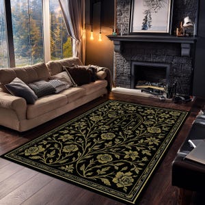 Gothic Floral Rose Rug – Elegant Black Gold Carpet – Baroque Style Area Rug for Living Room – Dark Botanical Home Decor
