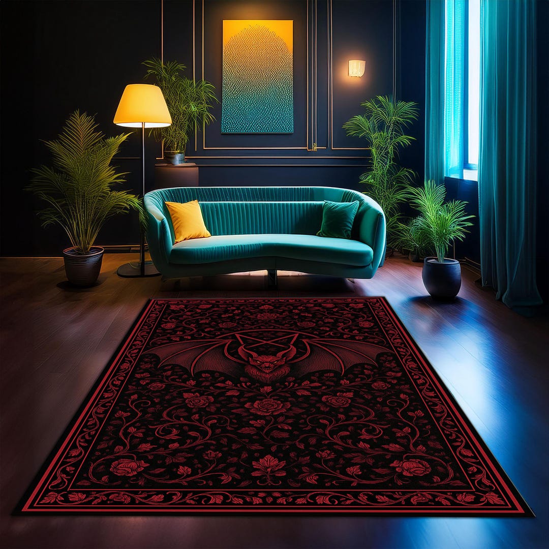 Vampire Rug Textures Gothic Bat & Roses Baroque Rug, Dark Aesthetic Red Black Carpet ...