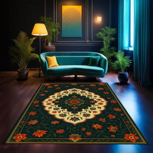 Traditional Floral Rug with Cream Center – Elegant Vintage Carpet with Red and Green Botanical Design, Classic Living Room Decor