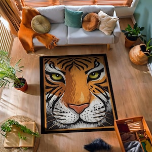 Tiger Figure Rug, Big Cat Rug, Tiger Portrait Decor, Vintage Style Rug, Eclectic Home Decor, Modern Area Rug, Abstract Design, Minimal Decor