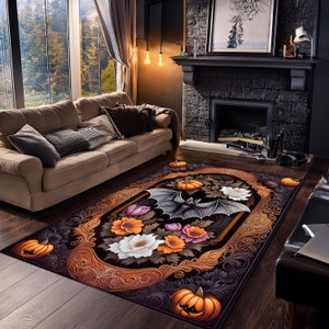Bat Rug For Goth Room Decor, Bat With Pumpkin Rug For Witchy Room Decor Dark Academia Rug For Dark Cottagecore Decor Victorian Goth Decor