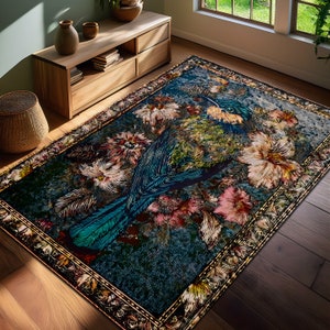 Vintage Bird Rug, Floral Area Rug, Flower Rug, Botanic Design Decor for Living Room, Antique Decor, Cozy Room Rug