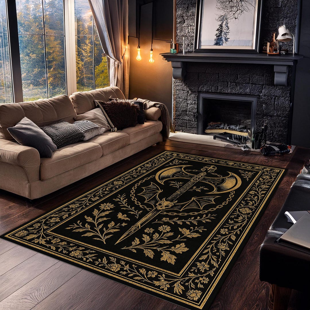 Gothic Sword and Bat Area Rug – Black Gold Dark Decor Carpet – Occult ...