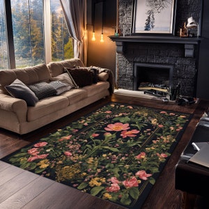 Tapis victorien floral foncé, gothique fleurs sauvages, tapis rustique, chambre de sorcière, tapis académique sombre pour une décoration cottagecore sombre Décoration gothique victorienne