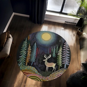 Reindeer Fairytale Forest Chenille Rug, Aesthetic Woodland Decor for Living Room and Bedroom, Dark Cottagecore Decor, Witchy Aesthetic Rug
