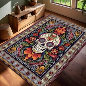 Skull Rug, Goth Room Decor,  Skull In Floral Rug, Dark Academia Decor, Gothic Rug, Witchy Room Decor,