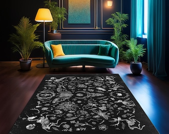 Gothic Decor Rug, Moon Phase Witchcraft Mat, Dark Cottagecore Design, Celestial Occult Floor Art, Pagan Home Gift, Black Mystic Carpet