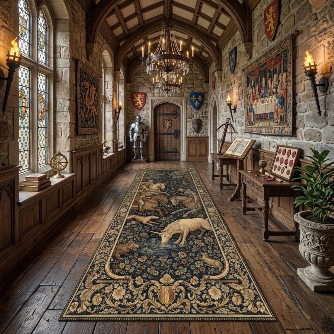 Medieval Animal Tapestry Runner Rug With Unicorn and Forest Creatures ...