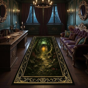 Enchanted Forest Gothic Runner Rug – Dark Fantasy Pathway with Glowing Portal – Mystical Woodland Aesthetic Floor Decor