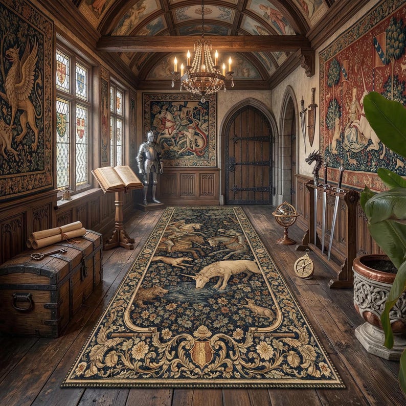 Medieval Animal Tapestry Runner Rug With Unicorn and Forest Creatures ...