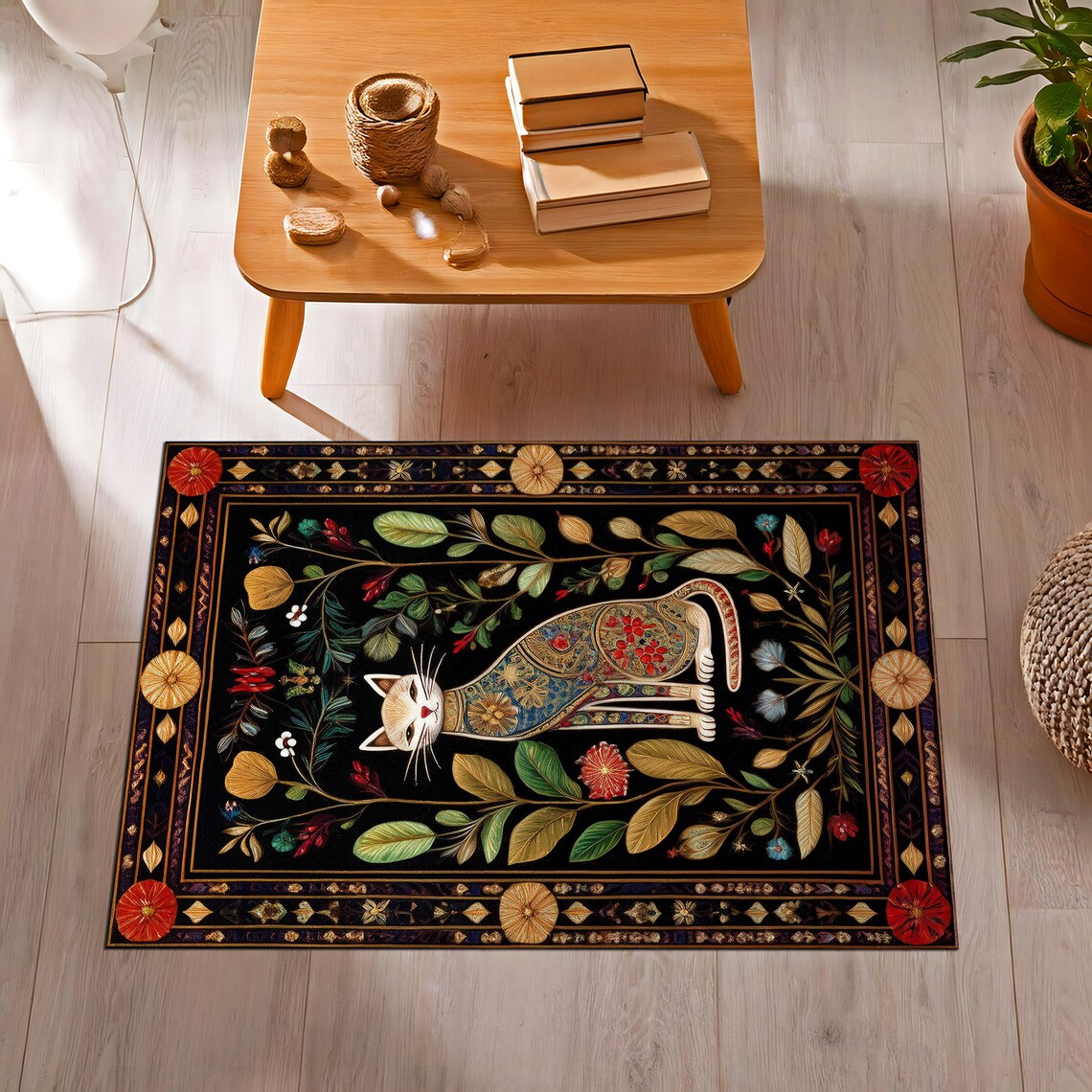 Cat Gun Rug Dark Cottagecore Cat Rug, Ancient Cat Rug, Floral Eclectic Pattern ...
