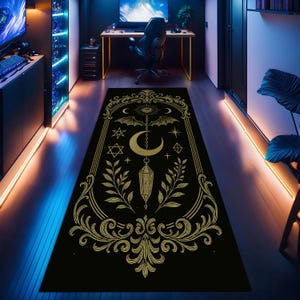 Mystical Moon Eye Talisman Rug – Gothic Esoteric Runner Carpet – Celestial Witchy Decor with Crescent Moon and Occult Symbols