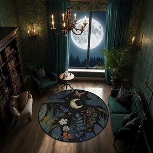 Floral Moonlit Garden Rug, Crescent Moon Rug for Living Room and Bedroom, Dark Cottagecore Decor, Witchy Lunar Aesthetic Room Decor