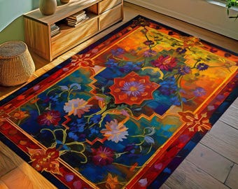 Modern Trippy Area Rug, Floral Bedroom Carpet, Modern Classic Fusion Living Room Art Deco Rug, Printed Rug, Gift For Mom, Housewarming Gift