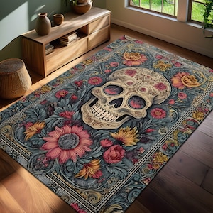 Floral Skull Rug, Halloween Rug, Skull In Floral Rug, Dark Floral Decor, Gothic Rug, Witchy Room Decor, Halloween Gift Decor