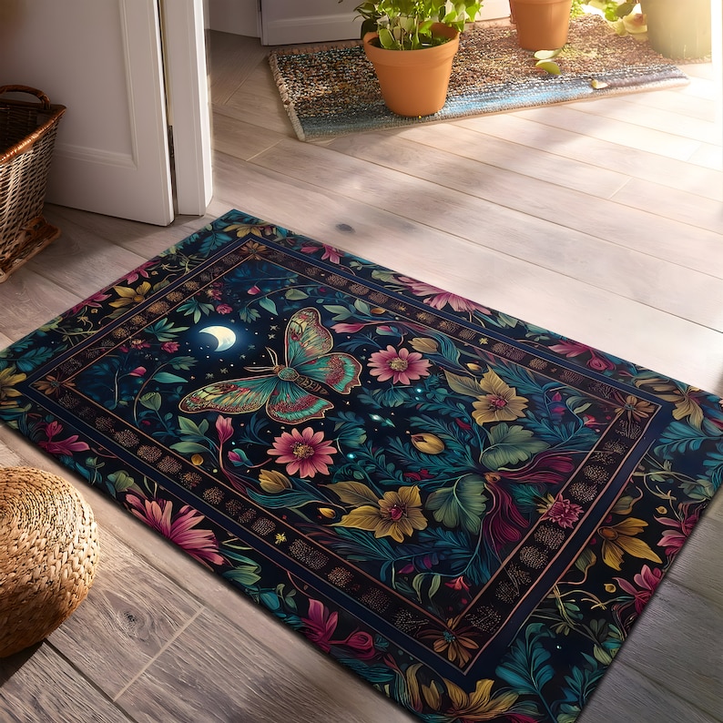 Luna Moth Rug, Mystic Butterfly Rug, Moonlit Floral Decor, Living Room