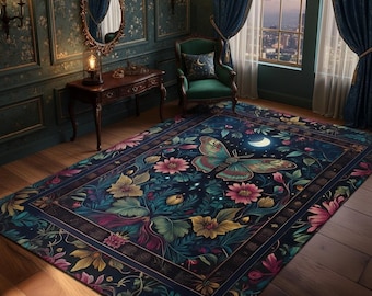 Rug With Teal Butterfly and Luna Moon on Night-Blue Floral Background, Pink and Yellow Flowers, Detailed Botanical Decorative Floor Rug