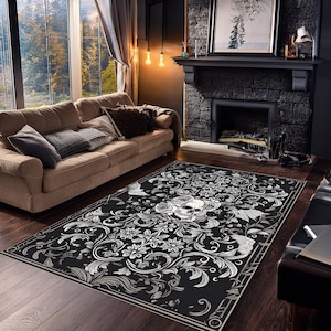 Skull Rug For Goth Room Decor, Skull With Floral Rug For Witchy Room Decor Dark Academia Rug For Dark Cottagecore Decor Victorian Goth Decor