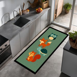 Süßer Küchenläufer - Cartoon Fuchs, Eule, Schildkröte & Eichhörnchen Design für Kinder, lustiger Bodenmatte für Küche oder Spielzimmer