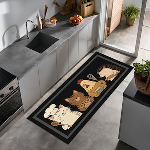 Schattige dierenchef keuken loper tapijt – kat kip egel kookthema vloermat, grappig zwart tapijt voor kinderen of dierenliefhebbers decor