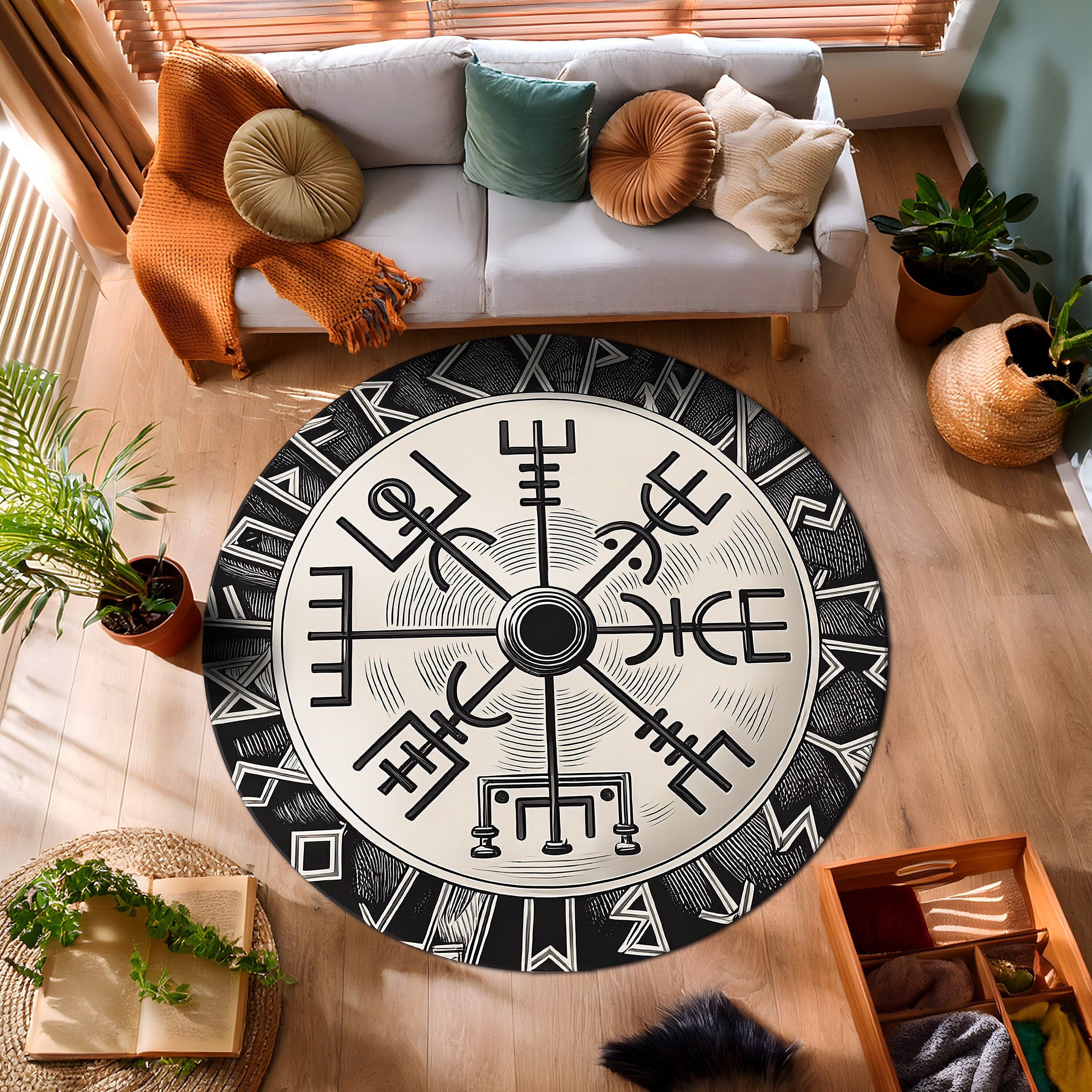 Norse Rug Viking Helm of Awe Symbol Rug, Viking Compass Rug, Valknut Norse ...