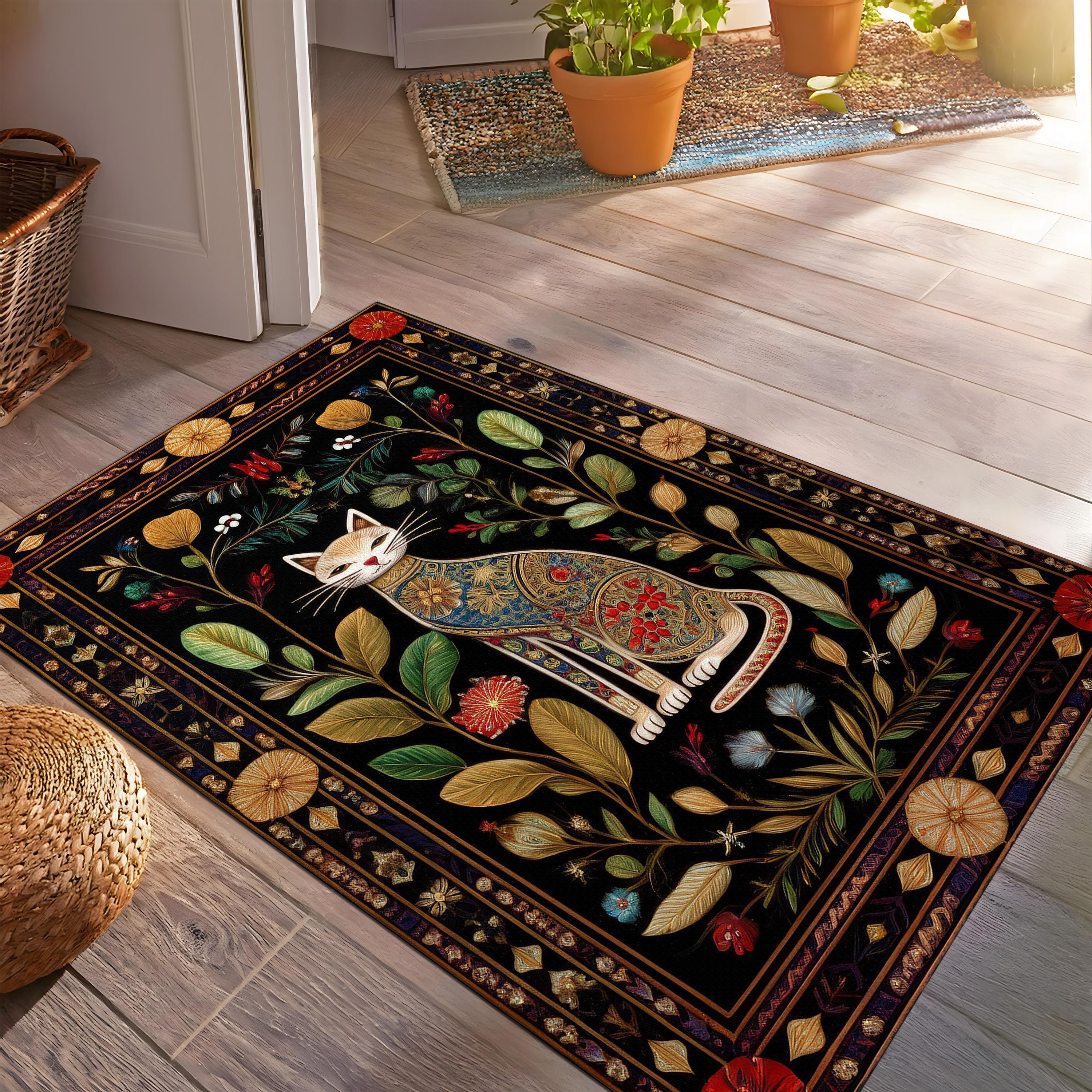 Dark Cottagecore Cat Rug, Ancient Cat Rug, Floral Eclectic Pattern ...