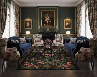 Dark Floral Rug: Victorian Gothic Wildflower Cottagecore Decor