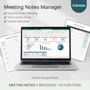 Puede incluir: Una plantilla digital de gestor de notas de reuniones para Excel y Google Sheets mostrada en la pantalla de un portátil. La interfaz muestra paneles de datos, gráficos y tablas para el seguimiento de reuniones, tareas y decisiones. Dos documentos visibles.