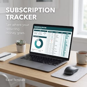 Puede incluir: Un ordenador portátil que muestra una plantilla de Excel para el seguimiento de suscripciones con un panel de control que incluye costes mensuales, anuales, suscripciones activas y un gráfico circular. El texto en pantalla dice Subscription Tracker.