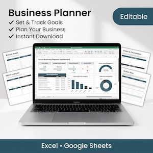 Puede incluir: Un portátil plateado que muestra un panel de control de planificador de negocios en Excel con gráficos y tablas de datos. Alrededor del portátil hay páginas impresas etiquetadas como Annual Goals, SWOT Analysis, Vision & Foundation y Action Plan. El texto incluye Business Planner, Editable, Set & Track Goals, Plan Your Business, Instant Download y Excel • Google Sheets.