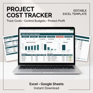 Puede incluir: Un portátil plateado muestra un panel de control de seguimiento de costes de proyectos con gráficos y tablas. La pantalla presenta datos sobre proyectos, presupuestos y márgenes. Texto: Project Cost Tracker, Editable Excel Template, Instant Download.