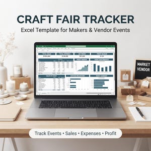 Puede incluir: Una pantalla de portátil que muestra una plantilla de Excel para el seguimiento de ferias artesanales. La hoja de cálculo incluye tablas y gráficos de ventas totales, gastos, beneficio neto y rendimiento. Texto: Track Events, Sales, Expenses, Profit.