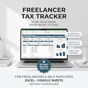 Puede incluir: Una pantalla de computadora portátil que muestra una plantilla de hoja de cálculo Freelancer Tax Tracker. La interfaz incluye secciones para estimaciones de impuestos trimestrales, categorías del Anexo C y ahorros fiscales. Superposiciones de texto resaltan características, con una insignia de plantilla de Excel editable.