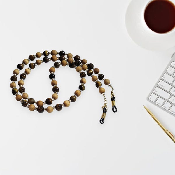 Chaîne de lunettes oeil de tigre : bracelet de lunettes de soleil en bois et pierres précieuses