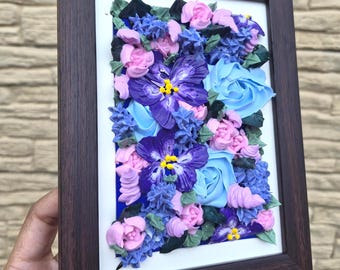 Berry Blues (Framed): 3D Floral Blue Bouquet. Flower Wall Art, Office Wall Hanging, Textured Art for Bedroom, Bathroom, and Living Room