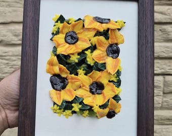 Sunshine(Framed): Handmade Sunflower Wall Art, Textured Wall Decor, Office Artwork, 3D Flower Bouquet, Boho Wall Art, Garden Theme Botanical