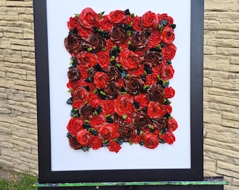 Rubious Roses (Framed): 3D Rose Bouquet Artwork, Rose Wall Art, Floral Wall Hanging, Textured Wall Decor, Acrylic Flower Bouquet