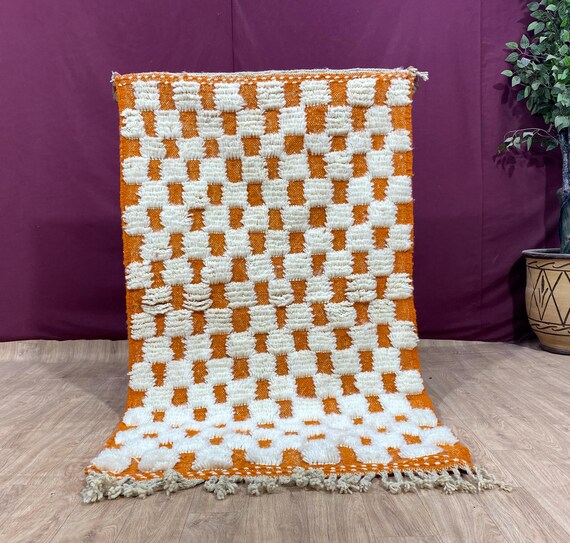 STUNNING MOROCCAN RUG, Handmade Wool Rug, Orange & White Rug, Berber Rug, Geometric Rug, Orange Rug, Area Rug, Handwoven rug, Sheep Wool Rug