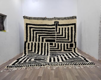 Moroccan Rug Black And White , Handmade Wool Carpet 9x12 , Arabic Home Decor Floor