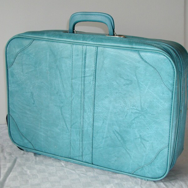 Blue Marbled Small Suitcase  Vintage Teal Travel Bag Weekender