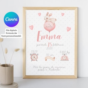 Quadro nascita bimba rosa pastello A4 - Pastel light pink baby birth picture Quadro Digitale Personalizzabile - Printable PDF e WhatsApp