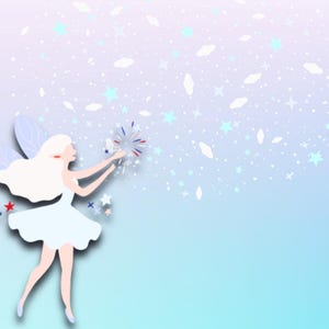 May include: A whimsical illustration of a fairy with long white hair and blue wings, wearing a white dress. She is holding a star wand, with stars and sparkles emanating from it. The background is a gradient of light blue, purple, and white.