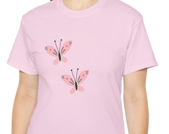 Koszulka z różowym motywem motyla, koszulka z podwójnym motylem, uroczy T-shirt z motylem, bawełniana koszulka unisex, prezent dla miłośnika natury