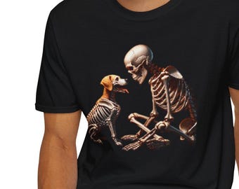 Skeleton Dog Love Unisex Softstyle T-Shirt, Cute Dog Lover Tee, Halloween Shirt, Goth Puppy T-Shirt, Dog Skeleton Print Top