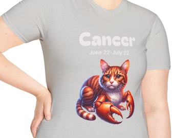 Cancer Zodiac Cat T-Shirt, Astrology Tee for Cat Lovers, Birthday Gift, Unisex Softstyle Shirt, Horoscope Apparel, Pet Themed Clothes