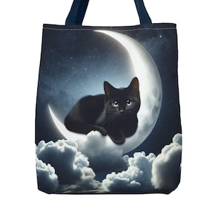 Cute Moonlit Cat Tote Bag, Stylish Cat Lover&#39;s Bag, Cosmic Adventure Tote, Perfect Gift for Cat Fans, Night Sky Art Handbag