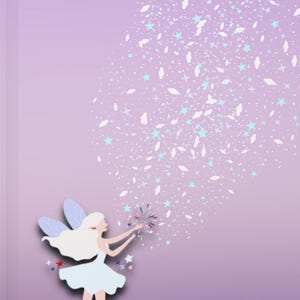 May include: A lavender journal featuring a fairy illustration. The fairy is white with light blue wings and a white dress. The fairy is holding a wand, and a stream of stars and sparkles emanates from the wand. The journal has a soft, gradient background.