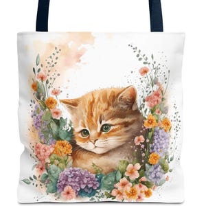 Cute Floral Kitten Tote Bag, Cute Kitten Tote, Reusable Shopping Bag, Pet Lover Gift, Floral Design Tote, Eco-Friendly Tote